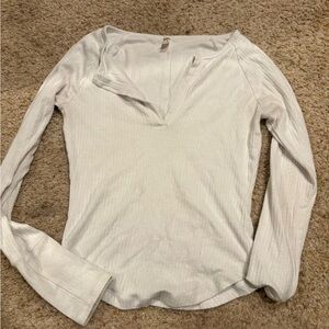 Free People Cream Ribbed Long Sleeve V-Notch Top